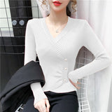 new bottoming sweater shirt women's long-sleeved knitted crossed v-neck buttons sweaters jumpers crop