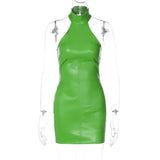 2022 Fashion Halter Sleeveless PU Leather Dress For Women Robe Slim Backless Zipper Skinny Mini Dress