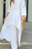 Cotton Linen Long Blouse Korean Fashion Wide Leg Pant Two-piece Set Irregular Women Casual Suit Loose Femme Outfit