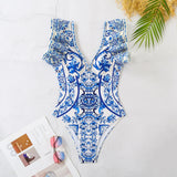 Shoulder Lotus Side Deep V-Piece Swimsuit Women's Half-Dress Two Sets Of Retro-Print