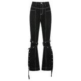 White Thread Casual Black Denim Pants Hip Hop High Waist Jeans Woman with Strips Harajuku Fashion Trousers