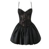 Black Lace Corset Style Satin Ball Gown Mini Dress- Outfit