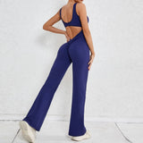 Hollow Backless Scrunch Gym Flare Jumpsuit Sport Casual Women One Piece Outfits Yoga Dance Jump Suit Black Fitness