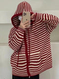 Hooded Striped Long Sleeve Knit Cardigan- Outfit