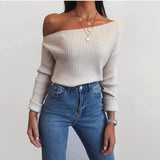 Women's Spring New Sexy Fashion Long-Sleeved Knitted Shirt Slanted Shoulder Sweater Top