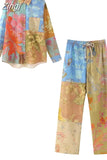Patchwork Print Shirts And Blouses For Women Vintage Button Up Shirt Women Asymmetric Long Sleeve Top Female Summer