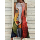 Print Sleeveless Dress Women Summer Casual Vintage Elegant Tank Loose Robe Beach Round Neck Maxi Dresses Vestidos