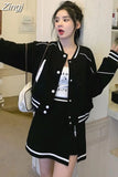 Retro Outerwear Women Long Sleeve High Waist Bomber Coats Casual Sets Black Y2k Short Length Jackets Skirt Preppy