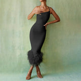 Women's Green French Sling Dress Women's Ostrich Hair Splicing Temperament High-End Thin Sling