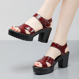 Leather High Heel Waterproof Sandals Women Fashion Crocodile Pattern Walking Shoes Summer Coarse Heel Magic Sticky H Women's