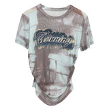 Real Shooting Embroidery With Straight Shoulder Short-Sleeved Mesh T-Shirt Fold Irregular Perspective Hood Top