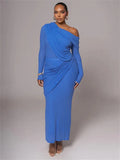 Draped Off-Shoulder Long Sleeve Top And Maxi Skirt Set- Outfit