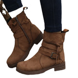 Side Zipper Short-Trace Knight Boots Women Autumn Round Head Thick With Belt Buckle Velvet Short