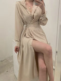 Women Single Breasted Midi Lace Up Slim Solid Shirt Dress Long Sleeve Elegant Vestidos