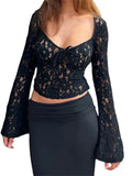 Women Lace Floral Hollow Out Cropped T-shirts Tops Long Flare Sleeve V-neck Slim Fit Solid Tees Shirts Clubwear