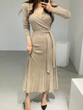 Women Knitted Bodycon Pencil Dress New 2023 Autumn Winter Solid Vestidos Long Sleeve V Neck Slim Lady Chic Korean