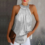 Gold Blouse 2020 New Fashion High Neck Sleeveless Hatler Tank Top Vest Summer Casual Loose Blouse Shirt