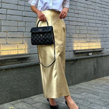 Zingj Style 2024 New Temperament Splicing Design Sense Metallic Color PU Leather Skirt Package Hip Half Skirt Women-Outfit