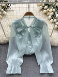 Bow Sweet Satin Loose Blouse Women Ruffles Long Sleeves Autumn Shirt Fashion Streetwear Korean y2k Vintage Top