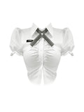 Women Blouse Short Sleeve Chic Casual Vintage Y2k White Polo Shirt Top French 2023 Summer Female Office Ladies Sexy Slim