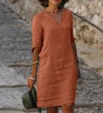 Cotton Linen Small V-neck Stitching Retro Basic Model Solid Color Three-quarter Sleeve