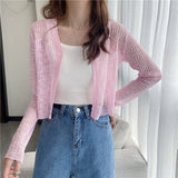 Women V-neck Solid Single Button Slim Knitted Thin Tops Female Korean Style Simple Trendy Long Sleeve Sun