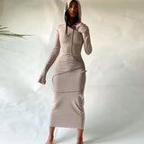 Long Sleeve Hooded Patchwork Skinny Maxi Dress Autumn Winter Women Fashion Streetwear Casual