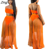 Up Skirt Swimsuit Women 3 Piece Set Strapless Crop Tops Pants And Mesh Skirt Fashion Pleated Beach