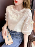 Hollow Women Tops Summer French Style Sweet Blouse 2023 New Fashion Half Sleeve Clothes Apricot Lace Shirt Blusas