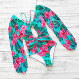 One Piece Swimsuit Female 2021 Long Sleeve Swimwear Women Plus Size Bathing Suit Print Bandage Summer Bathers