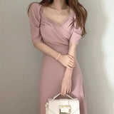 French Women's Dresses Summer Elegant V Neck Short Sleeve Chiffon Dress Party Midi Dress Casual Women Clothing