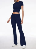 Short Sleeve Cropped Top Fold-over Flare Pants Set- Outfit