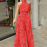 Pattern Printed Wide Leg Pants Office Overall Fashion High Waist Romper Chic New Women Long Sleeve High Collar