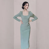 Women Fashion Square Collar Pencil Dress Elegant Slim Waist Female Package Hip Midi Dress Ladies Sheath