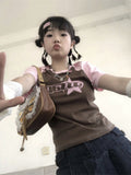 Print Vintage O Neck Women Crop Top T-shirt Y2k Aesthetic Casual All Match Slim Tshirts Harajuku Grunge Cute Tee