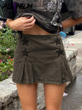 Y2K Grunge Punk Pentagram Trim Green Denim Skirts E-girl Aesthetics Retro A-line High Waist Zipper Pleated Skirt