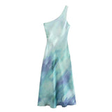 Tie Dye Satin Dress Woman Asymmetric Long Dresses For Women 2023 Off Shoulder Elegant Midi Dresses Ruched Party