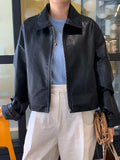 Fashion Elegant Leather Jacket Women Winter Streetwear Cropped Faux Fur Coat High Street Vintage Moto Biker Zipper