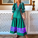 Lantern Long Sleeve Boho Party Long Dress Retro Printed Pleated Dresses Women Deep V Neck Hollow Waisted A-Line