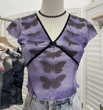 Sexy Hottie V-Neck Butterfly Print Short-Sleeved T-Shirt Slime Short-Navel Net T-Shirt Girl