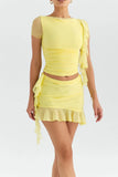 Mesh Ruffle Short Sleeve Top And Mini Skirt Set-Outfit