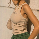 Knitted Ribbed Country Club Tank Top Women Letter Print Black Contrast Stitching Solid Sexy Crop Tops Harajuku O Neck