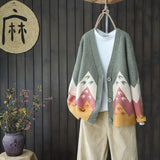 spring and autumn new Korean ethnic style jacquard knitted cardigan loose color matching V-neck sweater jacket