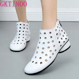 2021 Summer Ankle Boots Genuine Leather Shoes Women Med High Heel Back Zipper Boots Cutout breathable Mujer