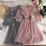 Summer Autumn Women Long A-Line Dress Sweet Floral Butterfly Lace Dress Female Short Sleeve Mesh Dress Vestidos