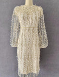 Women Elegant Fashion Long Dress Long Sleeve O Neck Slim Sheath Package Hip Ladylike Embroidered See-through Mesh Vestidos