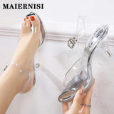 Summer Walk Show Model High Heels Women Sandals Sexy Transparent Crystal Party Ladies Shoes Wedding Bridal Shoes Silver Big