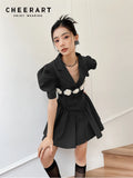 High Fashion Designer Puff Sleeve Blazer Dress Women Ruffle Flower Patch Tunics Mini Ball Gown Dress Korean