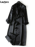 Spring Autumn Long Soft Luxury Elegant Flowy Satin Acetate Trench Coat for Women High Quality Chic British Fashion