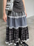 Patchwork Lace Plaid Maxi Skirt- Outfit